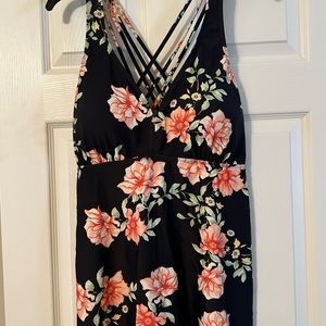 Black Floral V-Neck One-Piece Swimsuit with Strappy Back